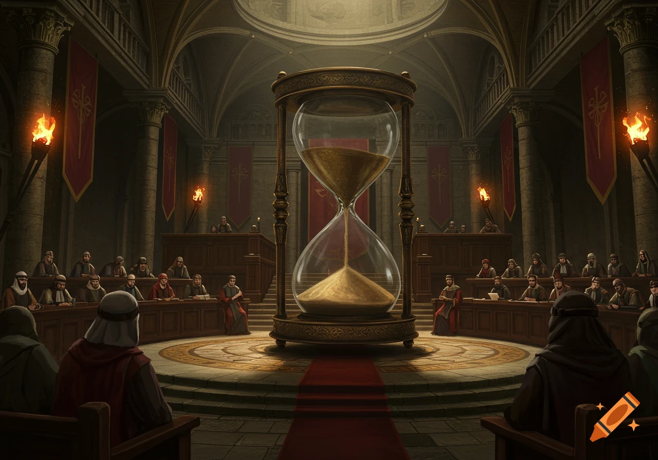 A large hourglass stands central in a grand, dimly lit tribunal hall, surrounded by robed figures and lit by torches, in a fantasy art style.