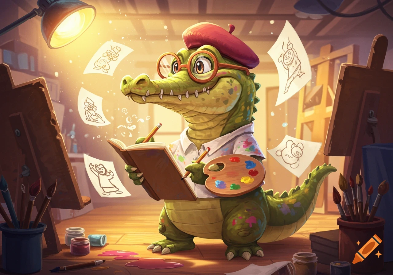 A cartoon alligator artist wearing glasses and a beret, holding a sketchbook and paint palette in a sunlit art studio.