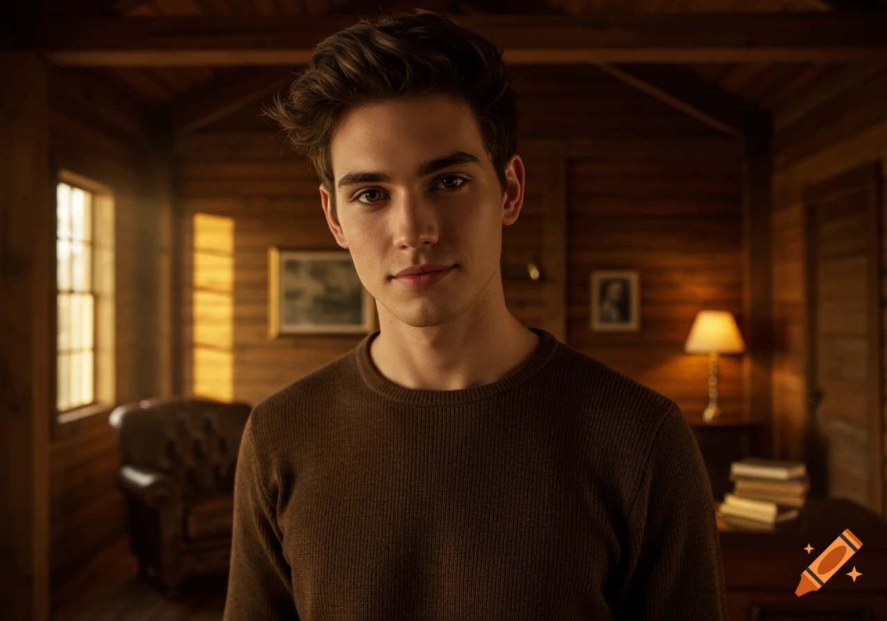 A photorealistic portrait of a young man with dark hair in a dimly lit rustic wooden room.