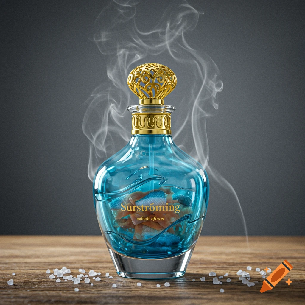 A stylish blue perfume bottle containing whole fish, labeled 'Surstromming', with smoke and salt crystals on a wooden surface.