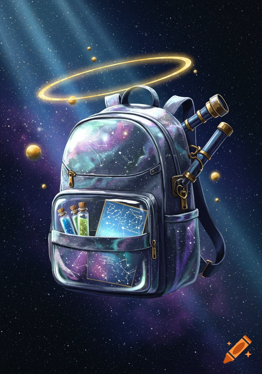 A galaxy-themed backpack with telescopes and star charts floats in space, surrounded by planets and a golden ring.