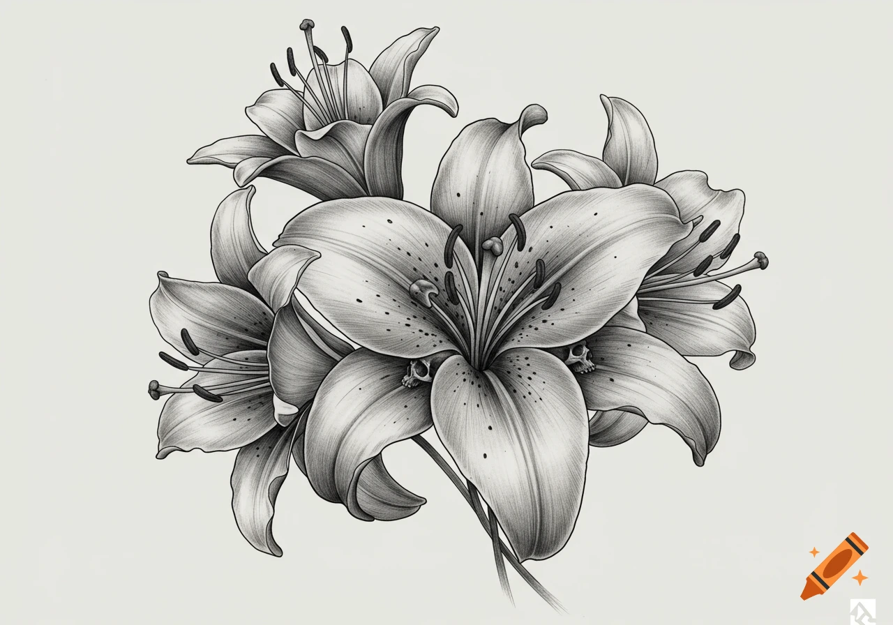Black and white tattoo design featuring a bouquet of lilies with tiny skulls nestled between the petals, drawn in a detailed, shaded style.