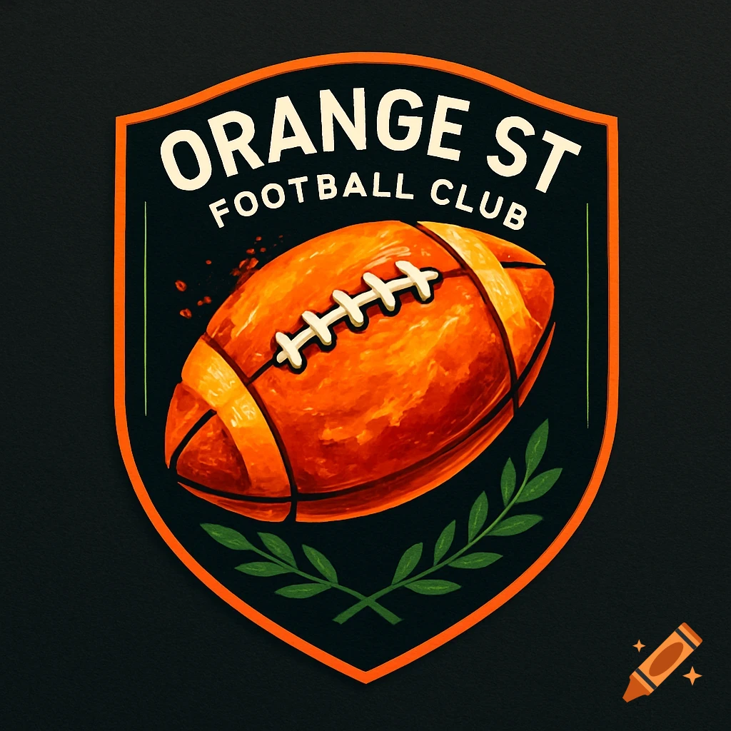 A shield-shaped logo with an orange border, dark green background, an orange American football, olive branches, and the text 'ORANGE ST FOOTBALL CLUB'.