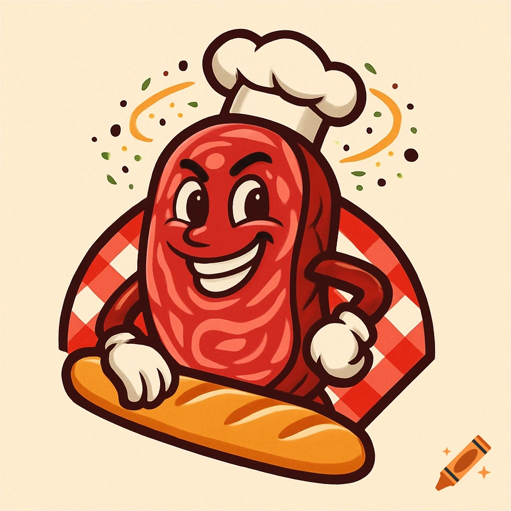 Cartoon mascot of a smiling red salami wearing a chef's hat, holding a baguette. Logo style.