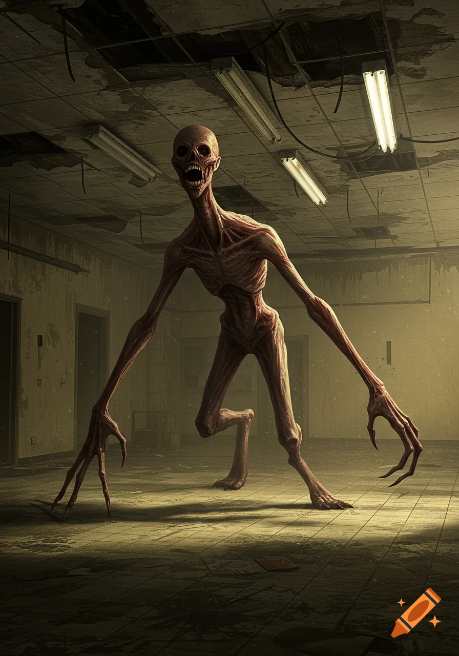 A skeletal humanoid monster with long limbs and a wide, toothy grin stands in a decrepit, dimly lit office building, looking menacingly at the viewer.