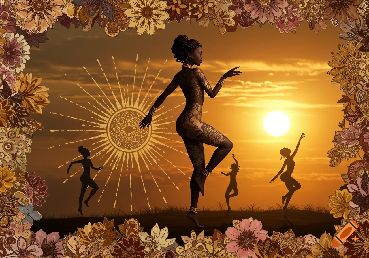 Stylized image of an African woman with intricate body art dancing at sunset, with silhouetted dancers and a floral frame.