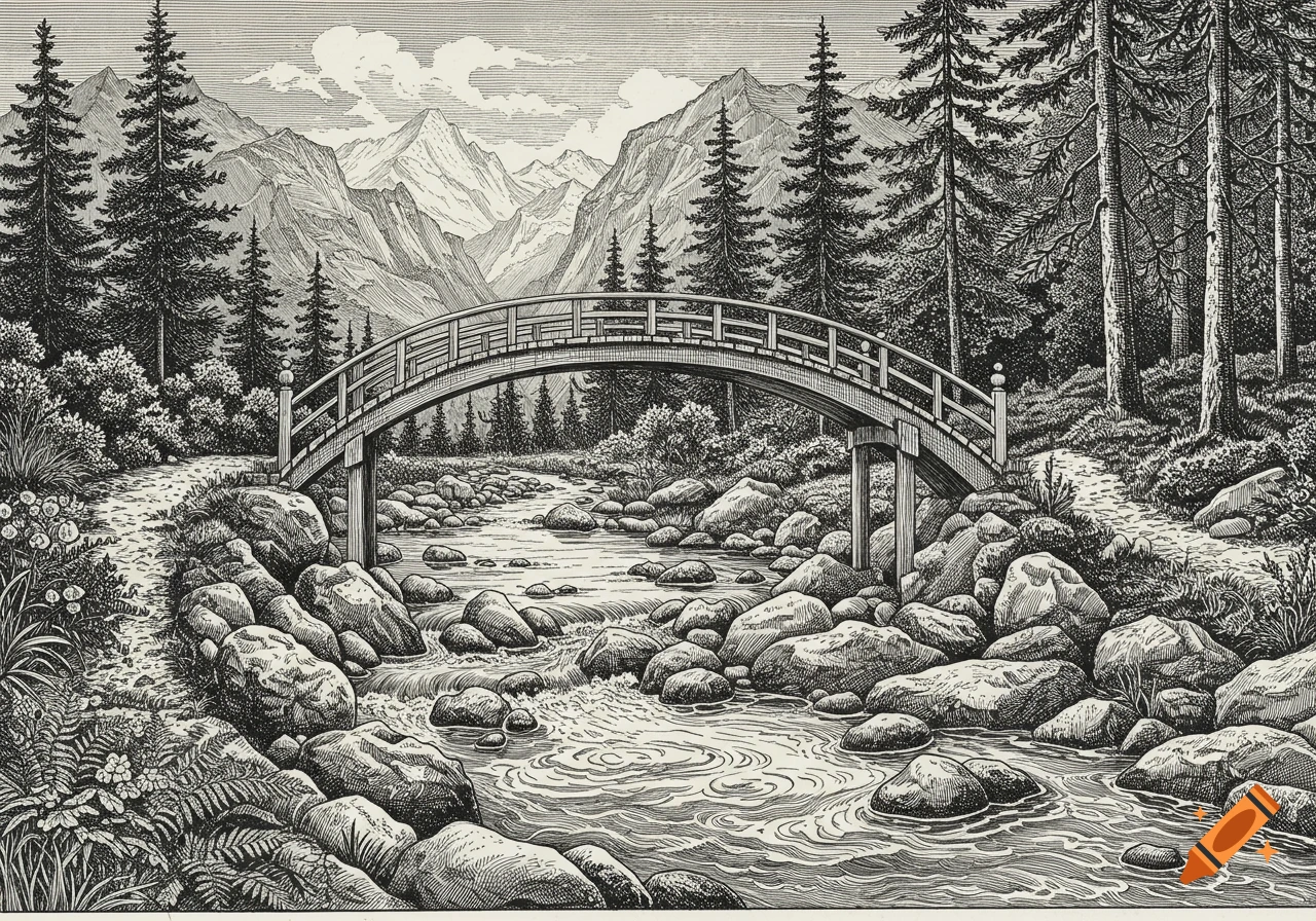 Black and white line art drawing of a mountain stream with a wooden bridge, tall trees, and distant peaks.