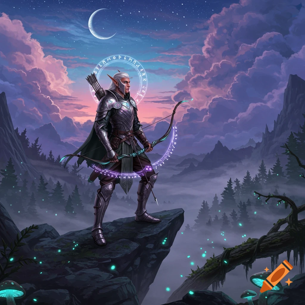 A male elf archer in ornate armor stands on a cliff with a glowing bow, under a crescent moon and starry sky in a misty fantasy forest.