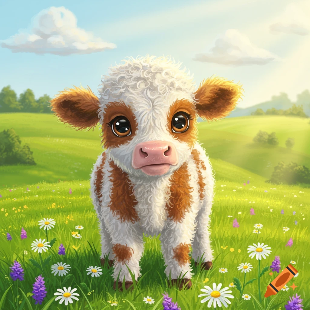A cute, fluffy brown and white cartoon calf with big eyes stands in a sunny green meadow with daisies.