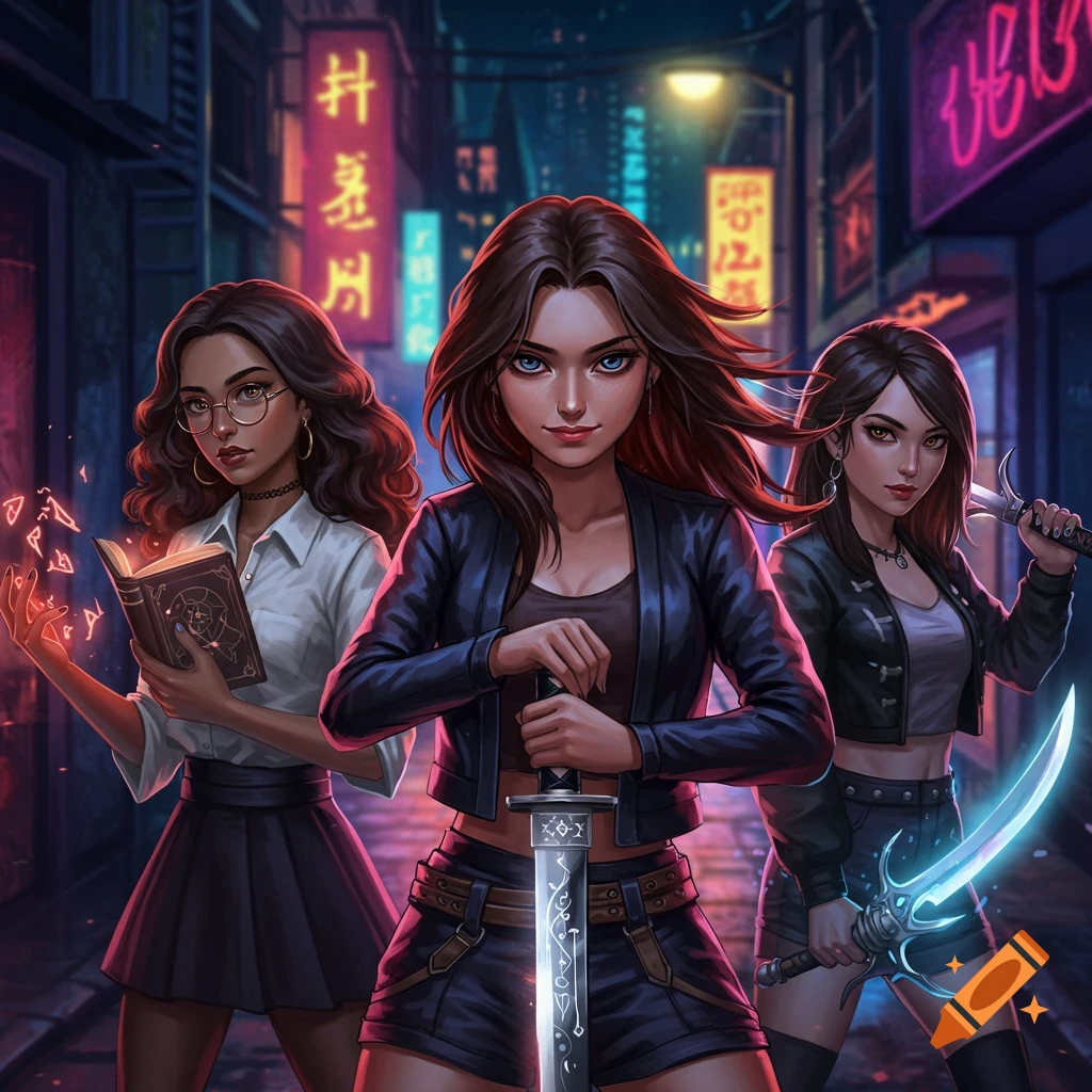 Three stylized women, two with weapons and one with magic, stand in a dark, neon-lit alleyway.
