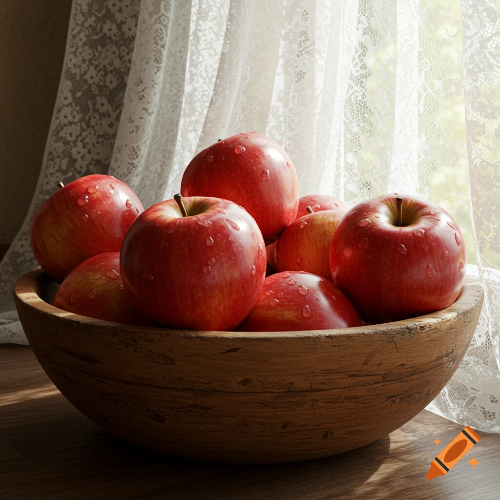 Photorealistic image of red apples with water droplets in a wooden bowl, placed on a wooden surface next to a window with lace curtains.