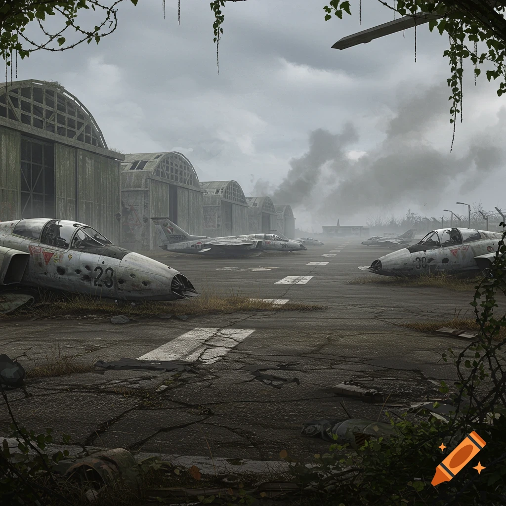 Abandoned military airfield with damaged fighter jets on a cracked runway, overgrown by vines under a cloudy sky.