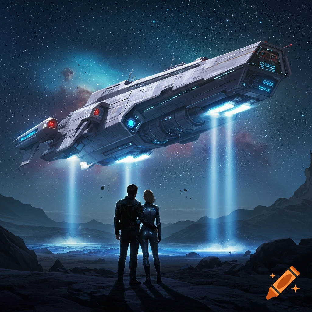 A couple stands on a rocky alien planet, looking up at a massive, brightly lit spaceship hovering in a starry night sky.