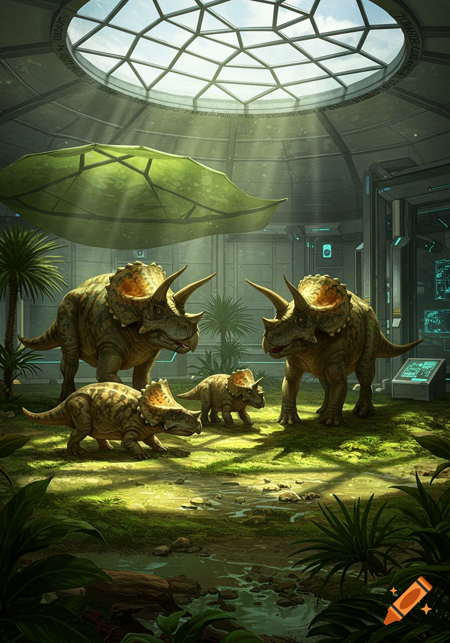 A family of Triceratops in a lush, futuristic paleontological research facility with a glass dome roof.