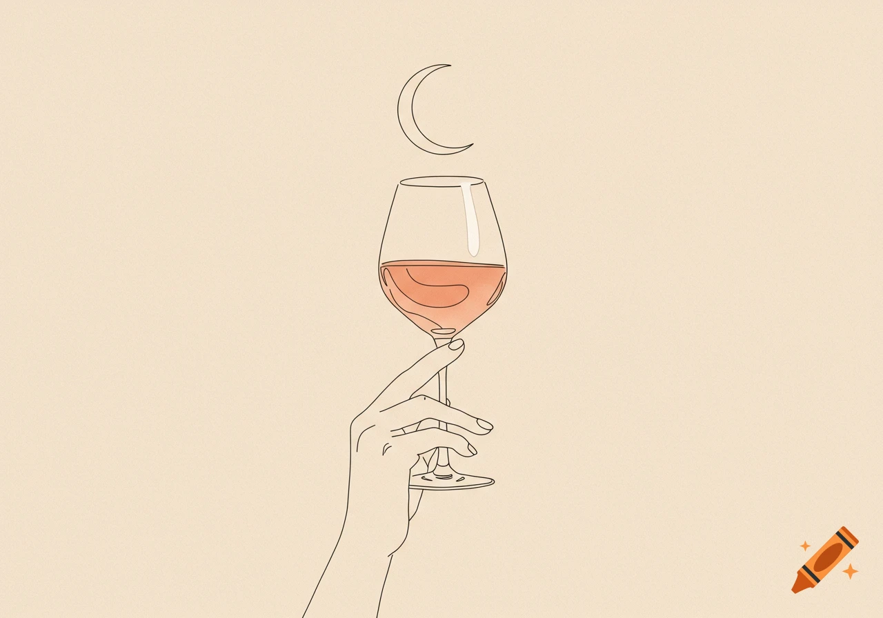 Minimalist line art illustration of a hand holding a wine glass with ros wine, and a crescent moon above it, on a creamy peach background.