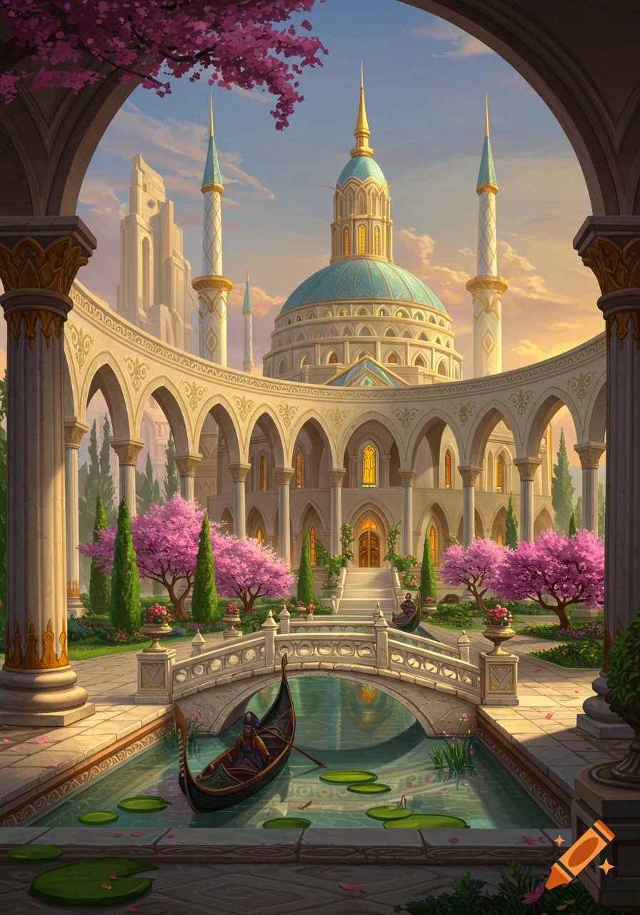 A grand fantasy palace with a turquoise dome, minarets, and arches, surrounded by lush gardens with pink trees, a canal, and a gondola, at sunset.