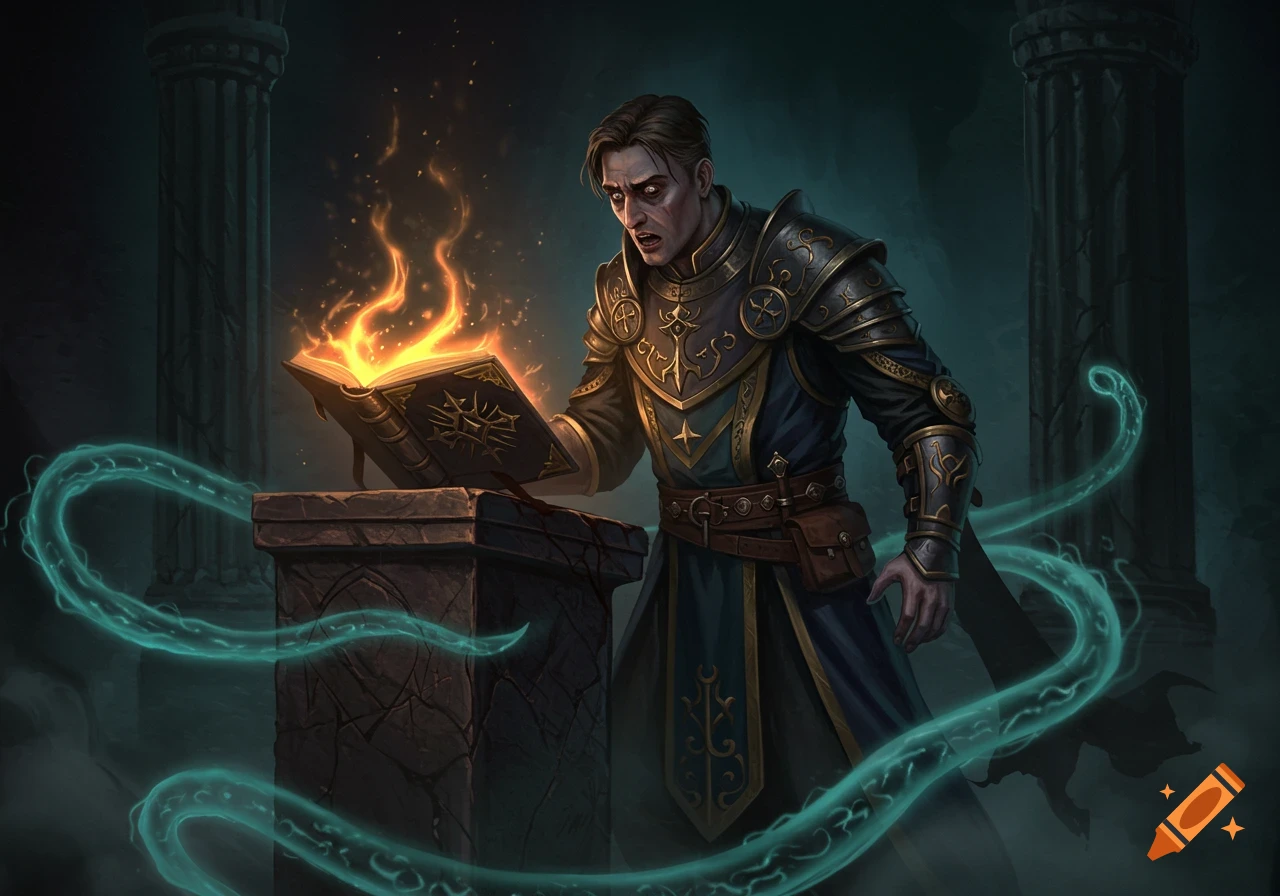 A man in dark cleric armor with crazed eyes stares intently at a burning, cursed book on a stone pedestal, with green magic swirling.