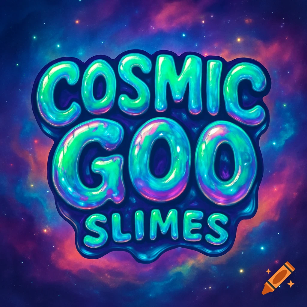 A vibrant, glossy, neon-colored logo for 'Cosmic Goo Slimes' against a starry purple and pink nebula background.