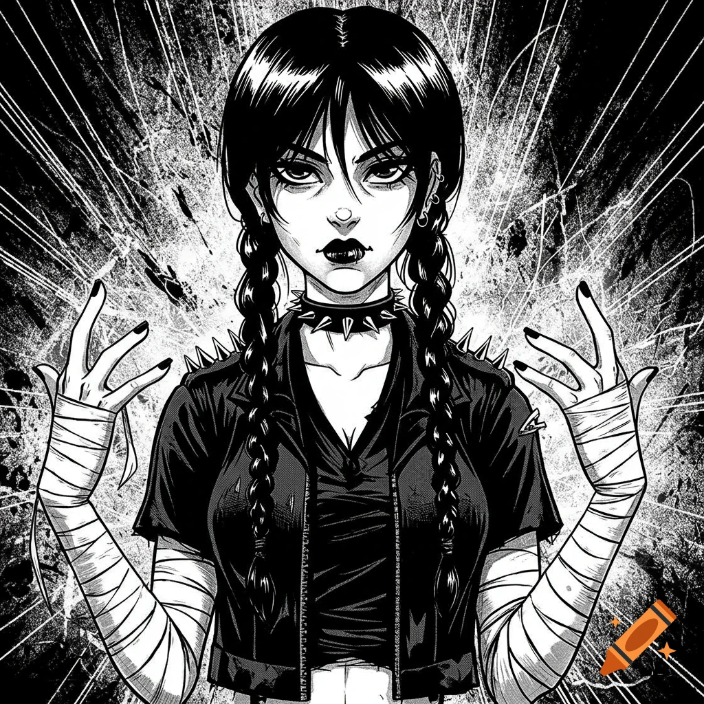 Black-and-white manga illustration of a gothic rocker girl with pigtails, a spiked choker, dark makeup, and bandaged arms, against a grungy background.