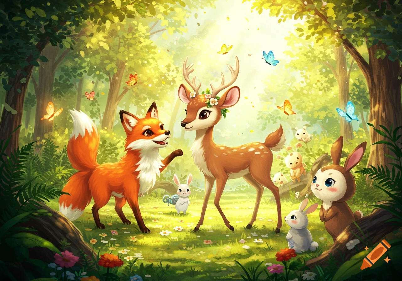A whimsical anime illustration of a fox and a deer talking in a sunlit forest, surrounded by cute rabbits and butterflies.