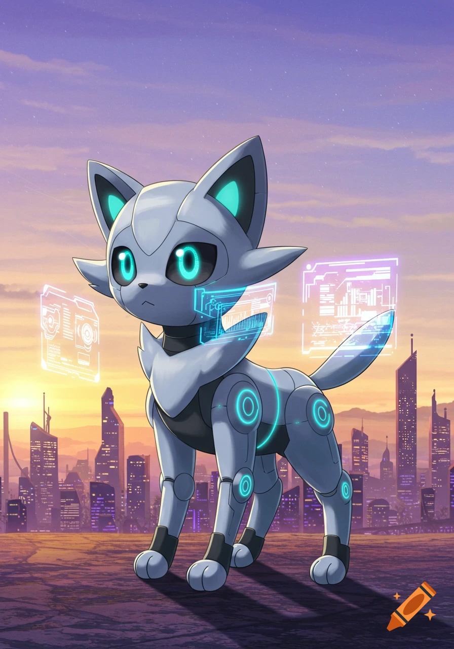 A cute grey robot cat with glowing blue eyes and accents stands in a futuristic city at sunset, in an anime style.