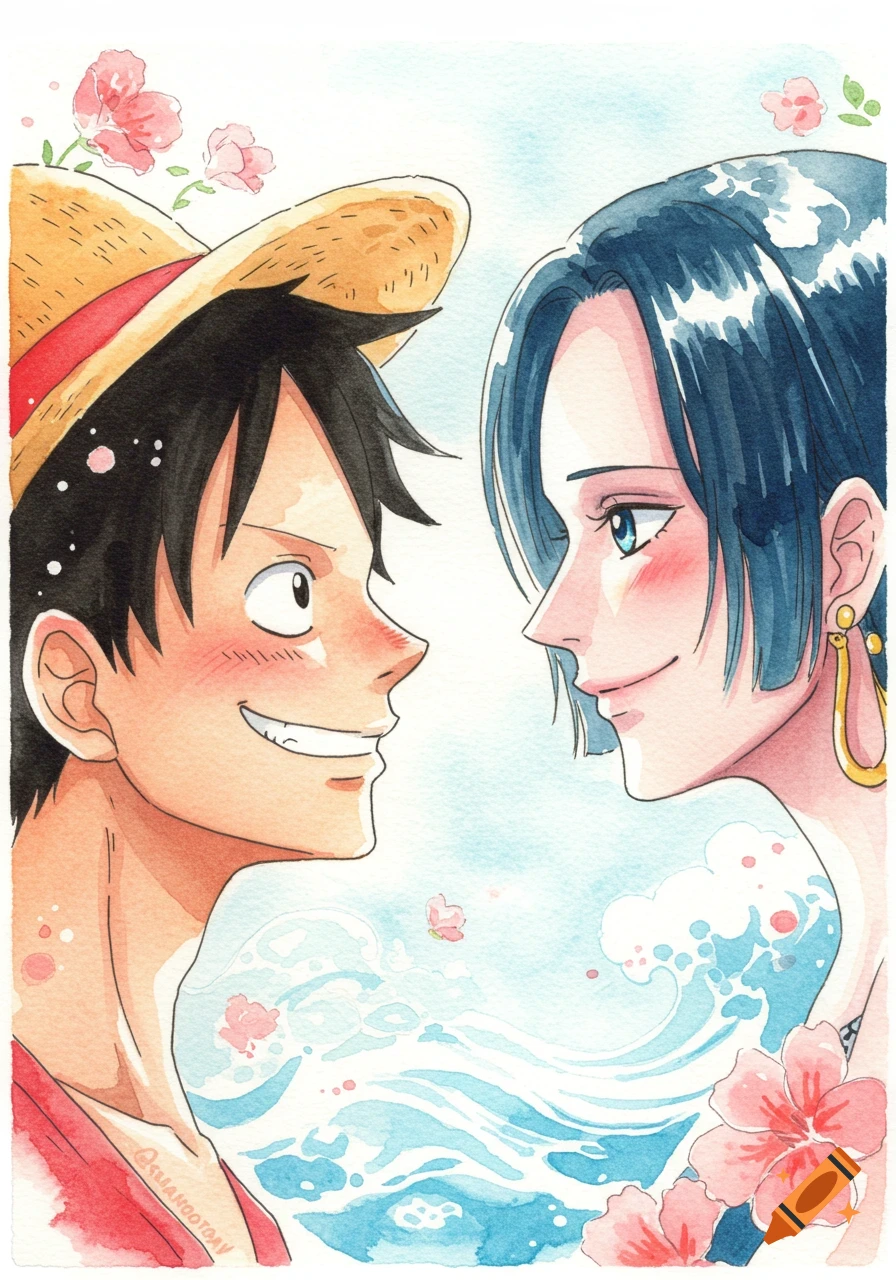 Watercolor painting of anime characters Luffy and Hancock smiling, looking into each other's eyes amidst flowers and waves.