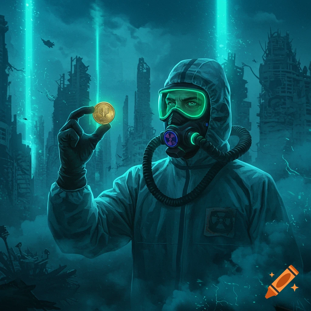 Man in a hazmat suit and gas mask holds a glowing gold coin in a ruined, teal-lit cityscape, digital art.