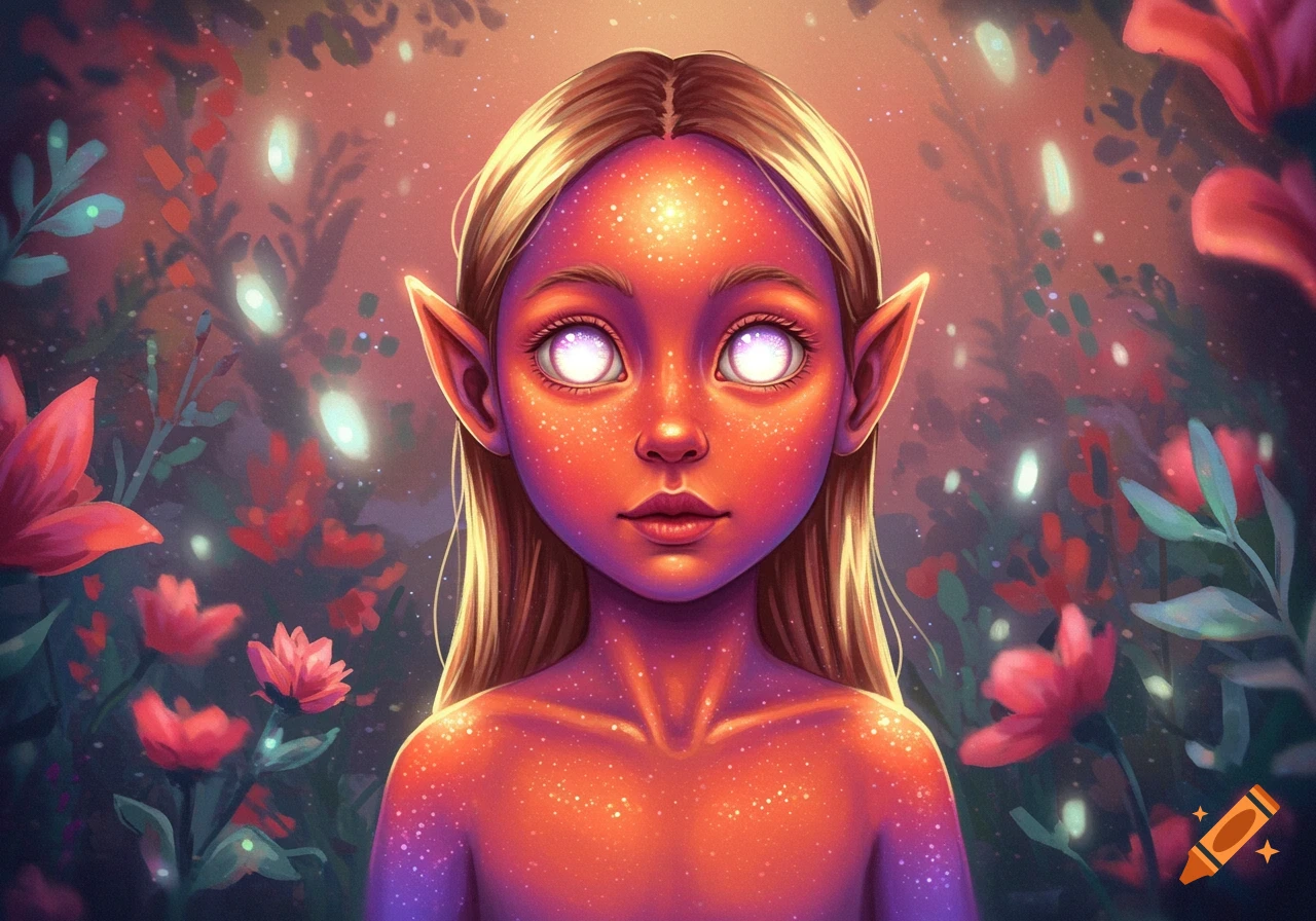 A vibrant, ethereal fantasy child with glowing white eyes, pointed ears, and speckled orange-purple skin, surrounded by glowing flora in a magical forest.