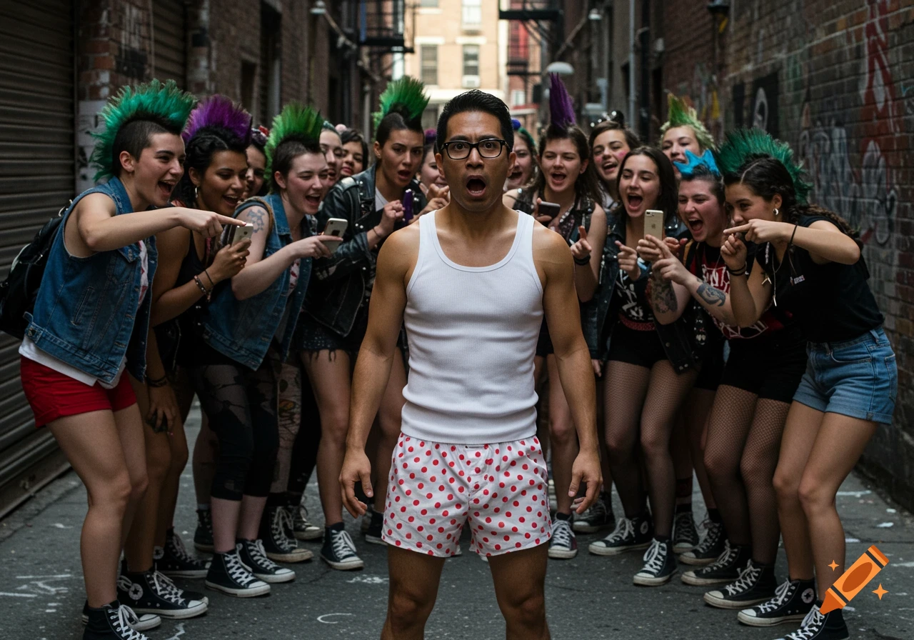 A frightened man in glasses, wearing a white tank top and polka-dot boxers, stands in an alleyway surrounded by laughing punk teenagers.