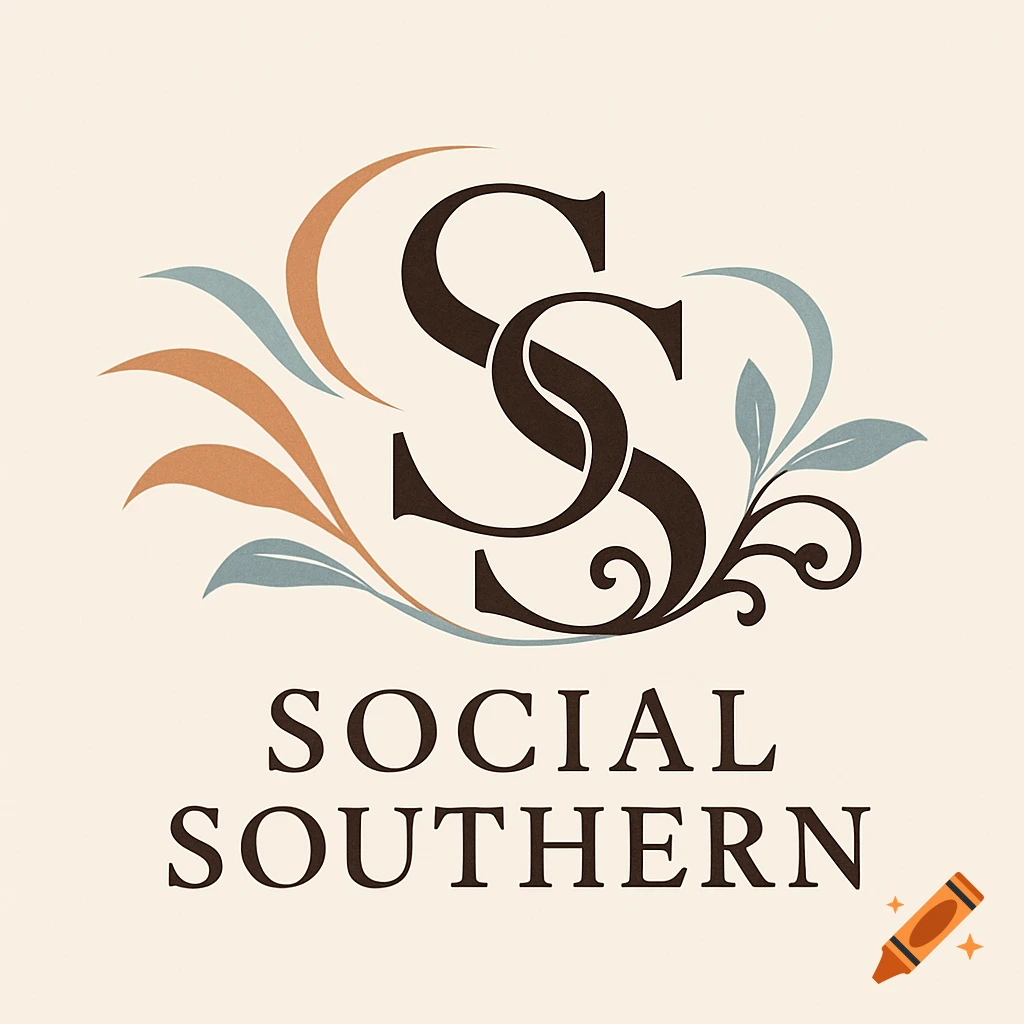 Logo featuring two intertwined S letters, surrounded by decorative leaves in brown and blue, with the text 'SOCIAL SOUTHERN' below.