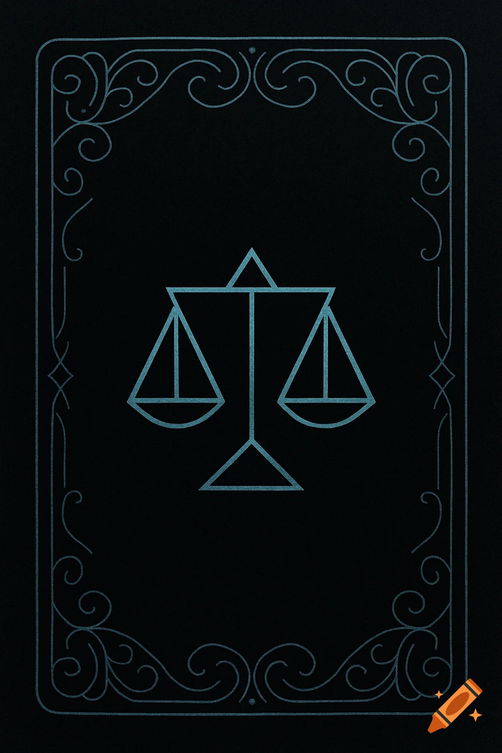 A minimalist light blue balance scale symbol on a dark background with an ornate border, resembling a playing card back.