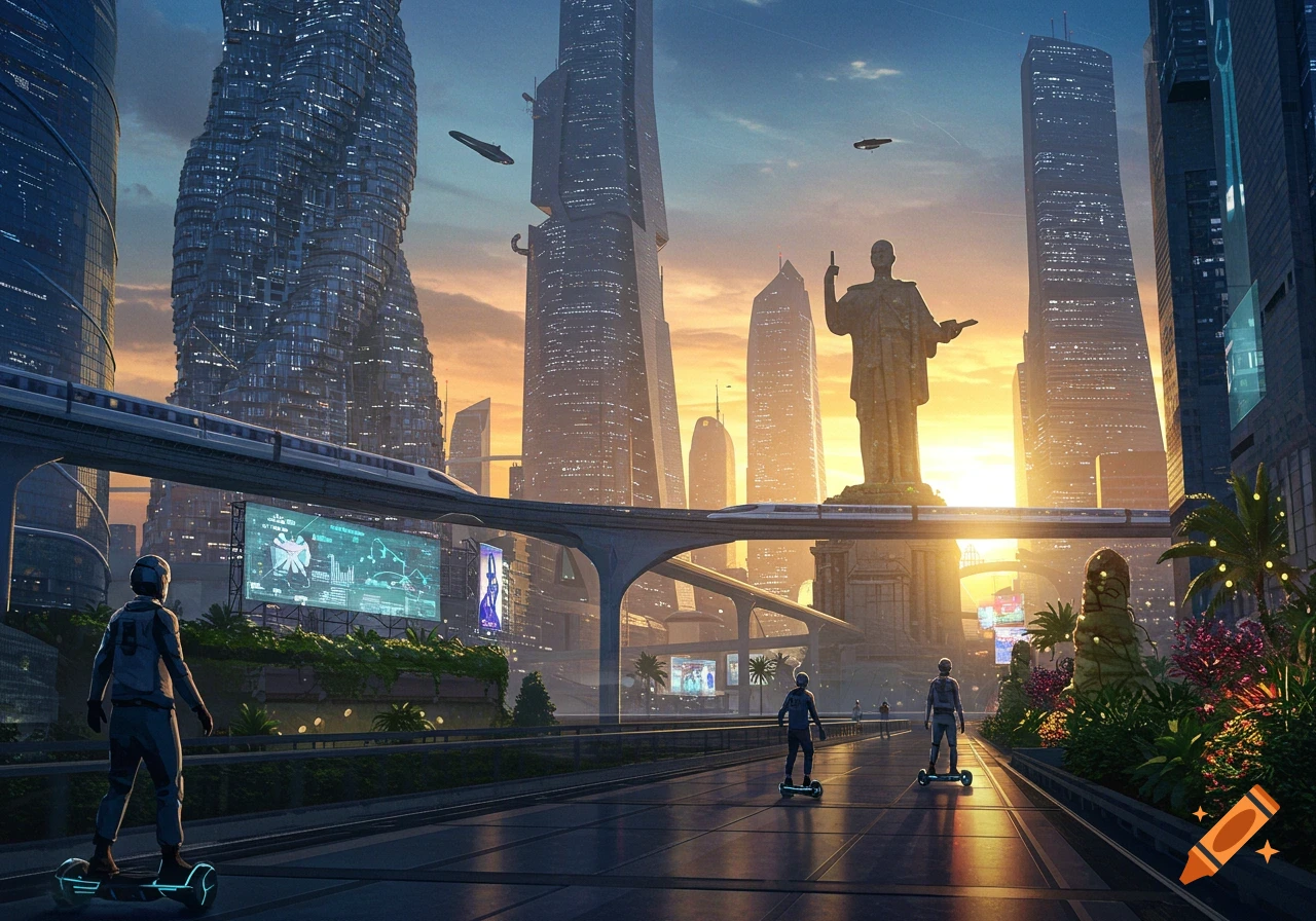 A vibrant, futuristic city at sunset with towering skyscrapers, a monorail, people on hoverboards, and a large central statue.