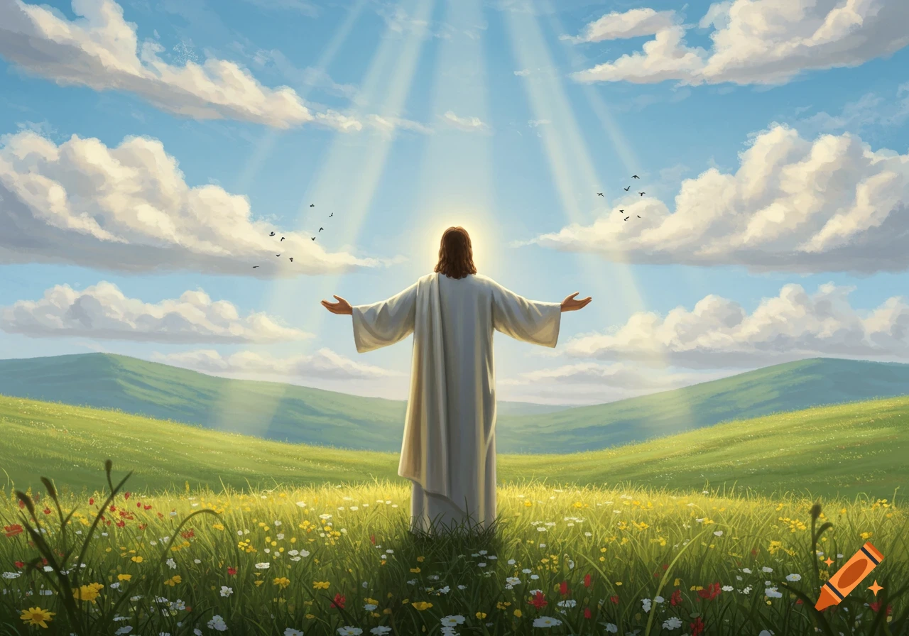 A long-haired figure in a white robe stands with outstretched arms in a sunny wildflower field, bathed in light rays from a blue sky.