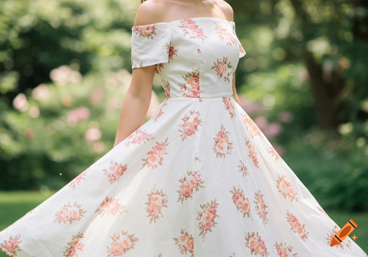 Person in a white off-the-shoulder A-line dress with pink roses, flowing in a sunny garden.