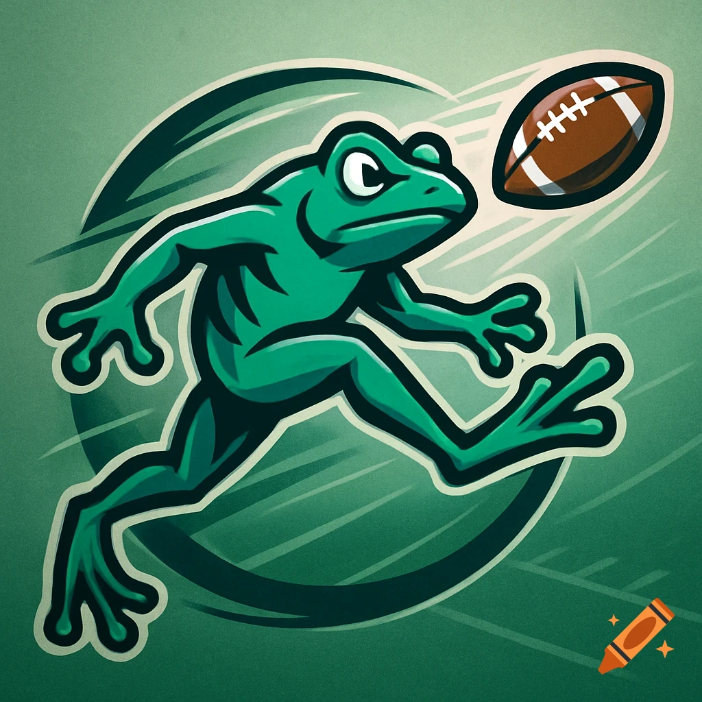 A green cartoon frog, designed as a sports logo, running and leaping after a football on a green background.