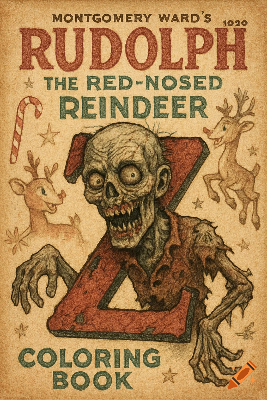 A vintage-style coloring book cover titled 'Montgomery Ward's Rudolph The Red-Nosed Reindeer 1920' featuring a zombie in place of the letter 'Z', with cartoon reindeers and a candy cane.