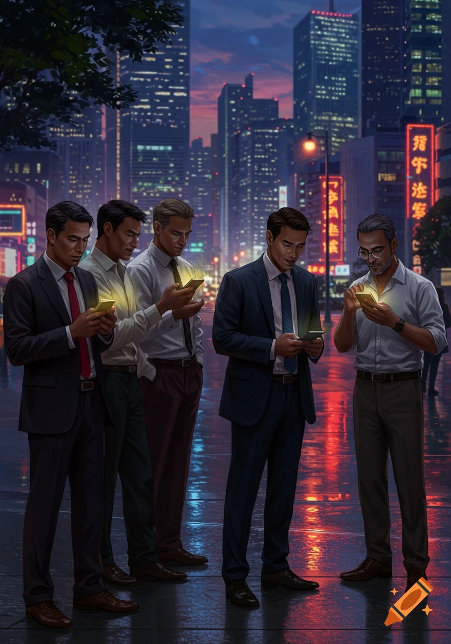Five men in suits and shirts look at their glowing smartphones on a rainy city street at night, with neon signs and skyscrapers in the background.