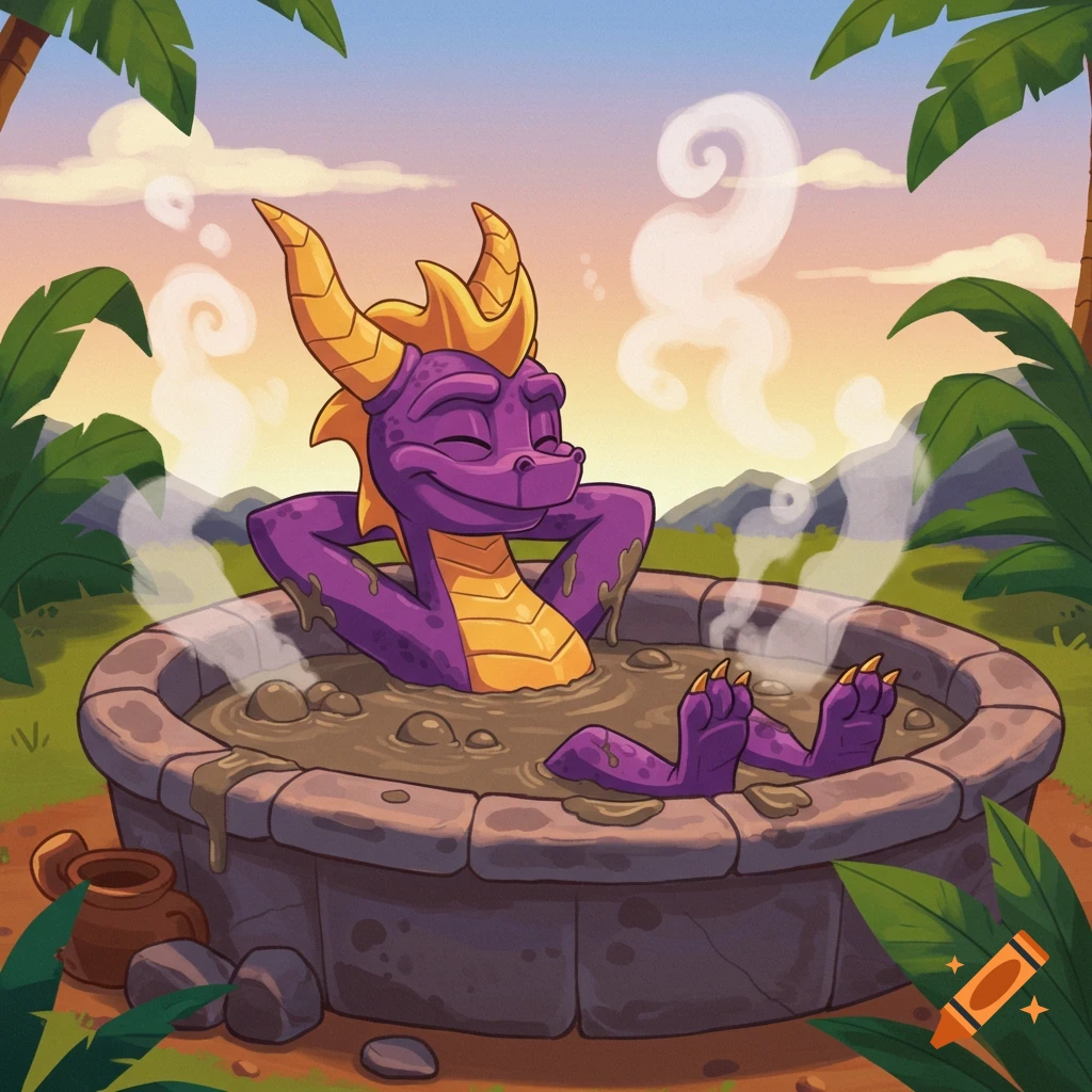 Cartoon Spyro the dragon relaxing happily in a steaming mud hot tub surrounded by palm trees at sunset.