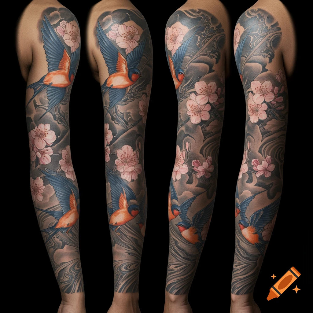 Detailed realism sleeve tattoo on melanin skin featuring swallows, pink cherry blossoms, and suminagashi patterns.