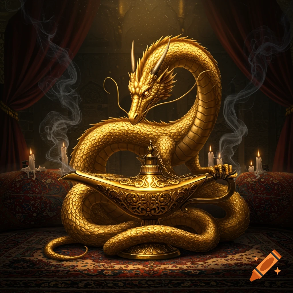 A majestic golden dragon coils around an ornate magic lamp in a luxurious, candlelit room with red curtains.