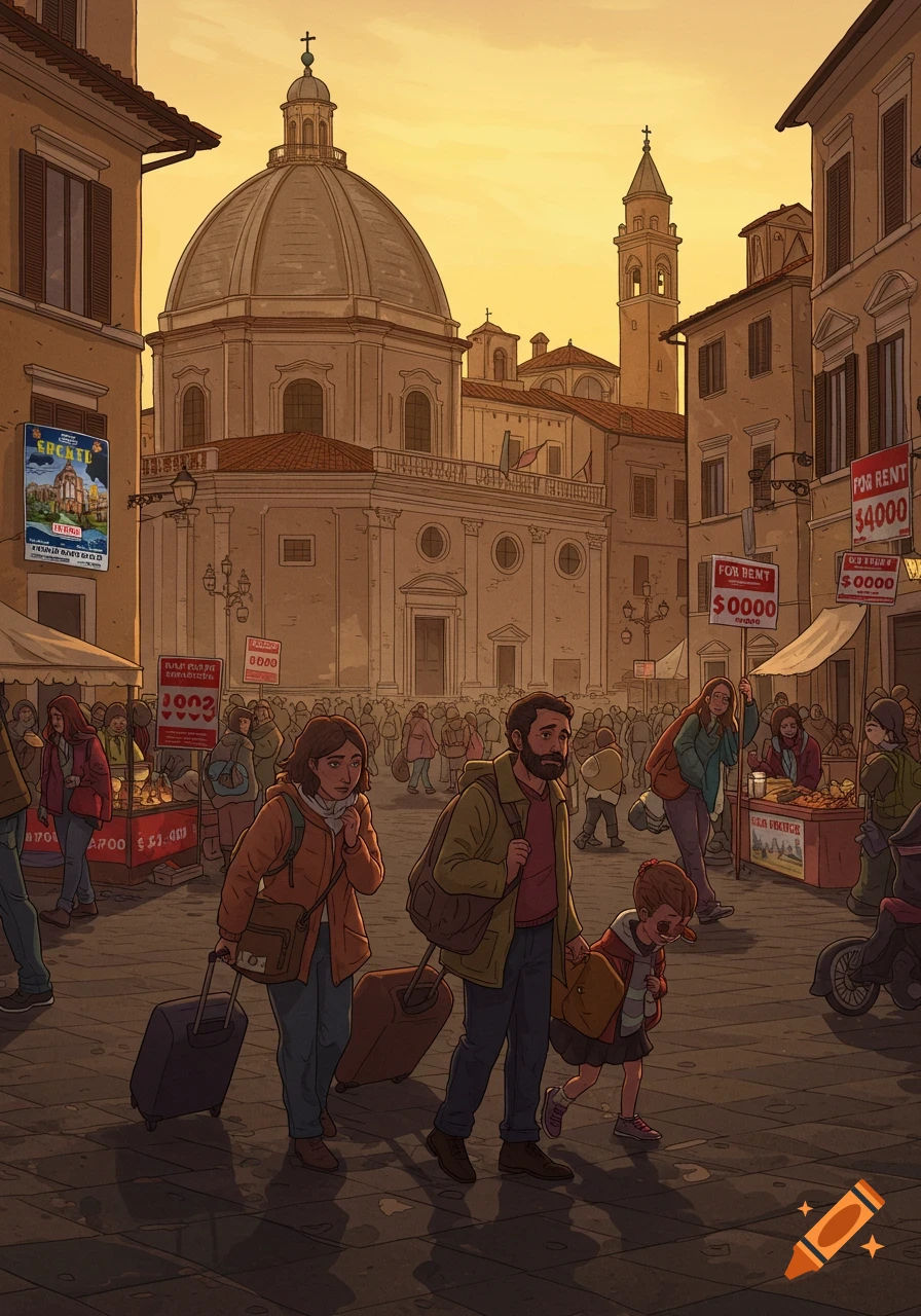 An illustrated scene of a crowded Italian street, with a family carrying suitcases walking through, past buildings and market stalls, under a golden sky. Signs for 'FOR RENT' are visible.