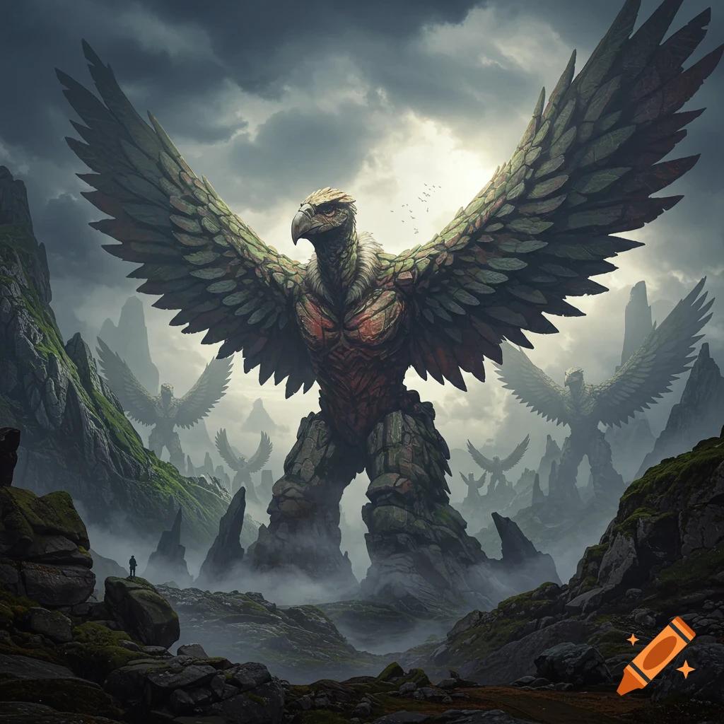 Enormous rock-like vulture creatures stand in a misty, mountainous landscape under a stormy sky, dwarfing a small human figure.