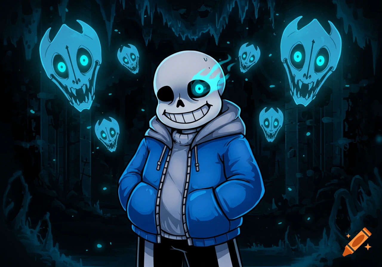 Sans, a grinning skeleton with a glowing blue eye, stands in a dark cave surrounded by floating blue skull creatures, digital art.
