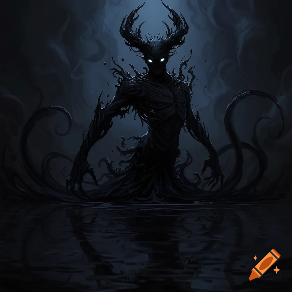 A dark, horned ink demon with glowing eyes rises from shadowy water in a spooky, dark fantasy style.