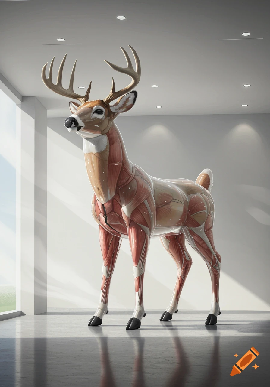 A detailed anatomical model of a deer with exposed muscles stands in a bright, minimalist room.