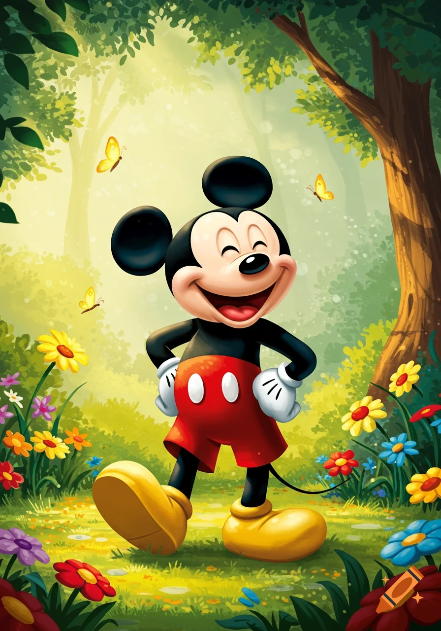 Mickey Mouse smiles broadly in a vibrant, sunny forest with colorful flowers and butterflies, in a cheerful cartoon style.