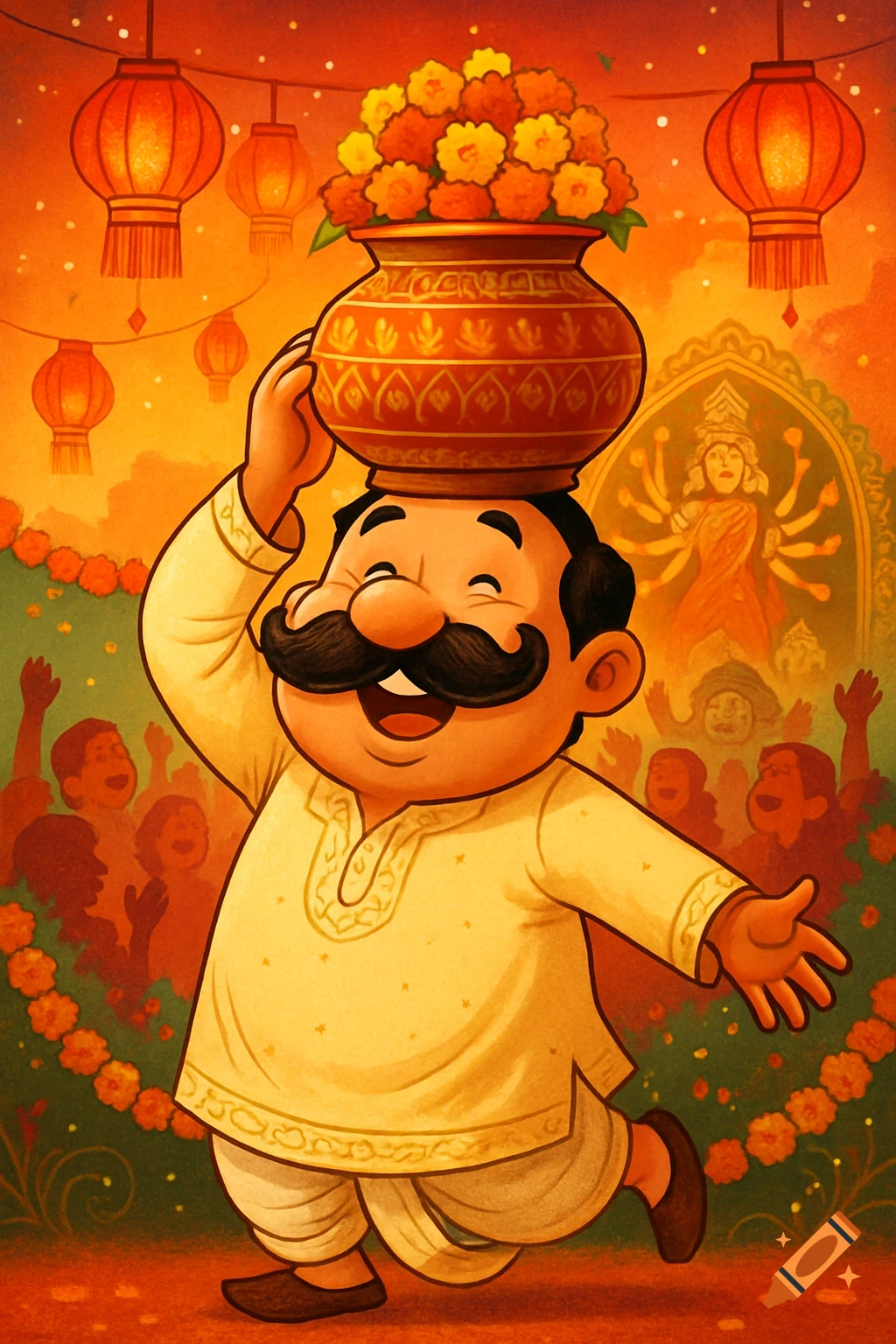 Cheerful cartoon man in traditional attire carrying a pot of marigolds on his head at a vibrant Indian festival with lanterns and a deity.