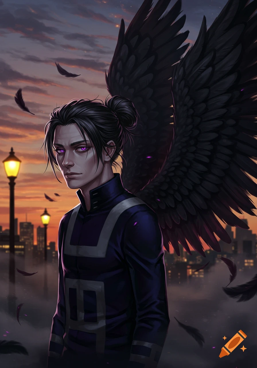An anime-style male with black hair in a bun, purple eyes, and large black wings stands against a sunset city skyline.