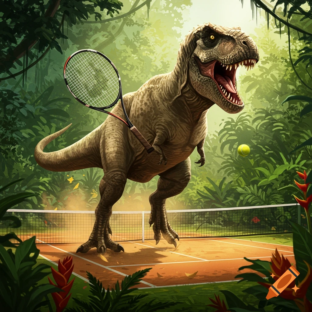 A large Tyrannosaurus Rex on a tennis court in a jungle, holding a racket and ready to hit a tennis ball.