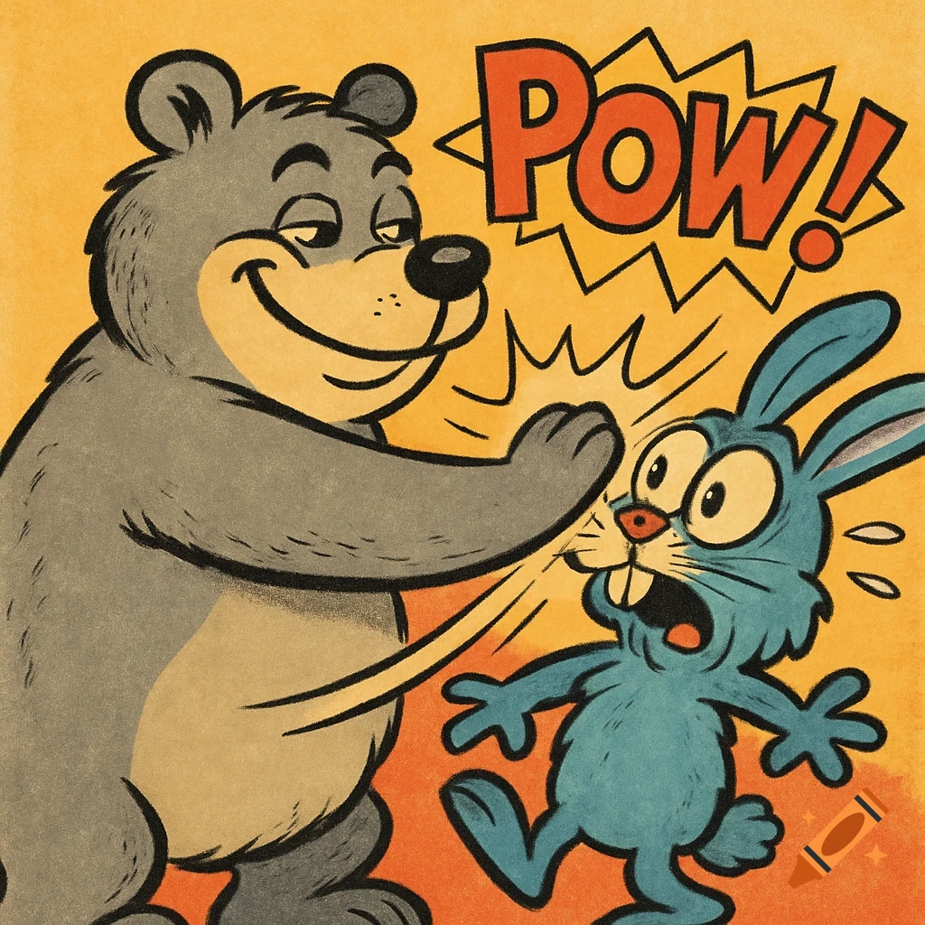 A smug grey cartoon bear slaps a startled blue cartoon rabbit with wide eyes, as a "POW!" text bubble appears in a retro comic art style.